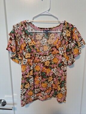 Democracy Three Tiered Bell Sleeve V-Neck Blouse - Floral Pink/Orange/White